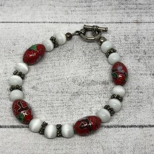 Artisan handcrafted cloisonne and cat's eye statement boho bracelet